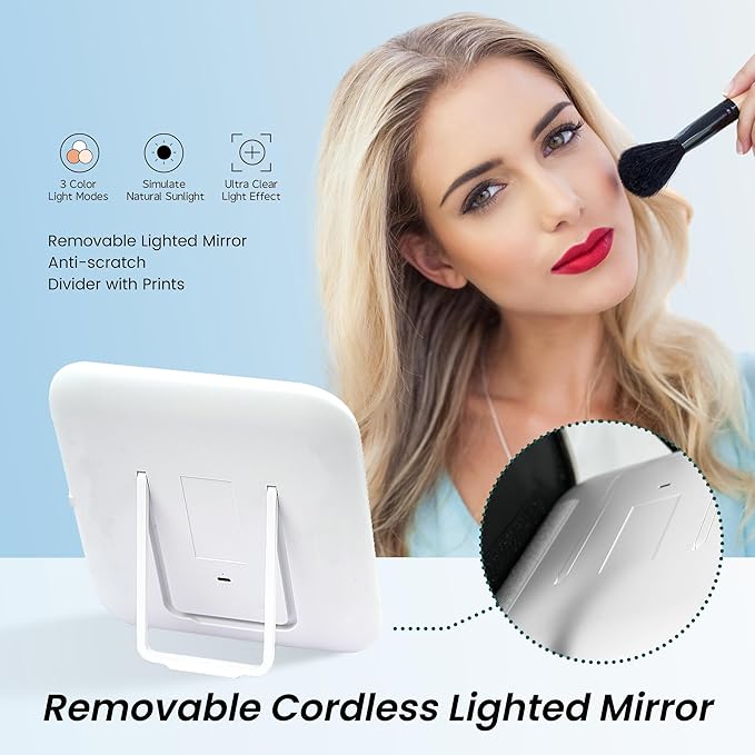 Makeup Bag with Light up Detachable Mirror 3 Color Scenarios Adjustable Brightness Large Cosmetic Organizer Storage Adjustable Dividers Waterproof Makeup Brushes Toiletry Gift White