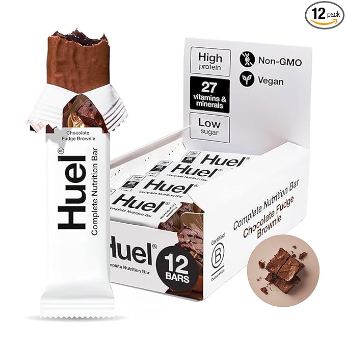 Huel Complete Nutrition Vegan Protein Bars | Chocolate Fudge Brownie | 13g Protein, 27 Vitamins and Minerals, 2g Sugar, Non-GMO, 100% Plant Based Snack | 12 Pack