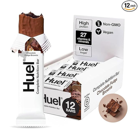 Huel Complete Nutrition Vegan Protein Bars | Chocolate Fudge Brownie | 13g Protein, 27 Vitamins and Minerals, 2g Sugar, Non-GMO, 100% Plant Based Snack | 12 Pack