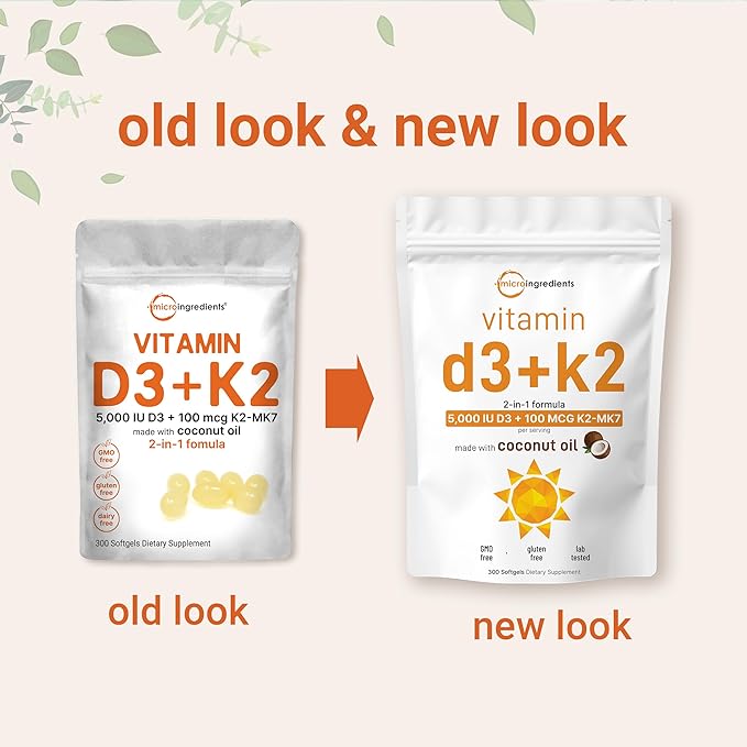 Micro Ingredients Vitamin D3 5,000 IU + K2 MK-7 100 mcg, 300 Softgels | Virgin Coconut Oil | 2-in-1 Bone, Immune & Heart Support | Easy to Swallow, Non-GMO