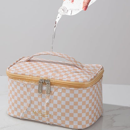 KITENROM Preppy Makeup Bag Travel Cosmetic Bags for Women Girls Multi-color Checkered Plaid Small Pouch Toiletry Bag Organizer Case Waterproof Case (Pink Checkerboard)