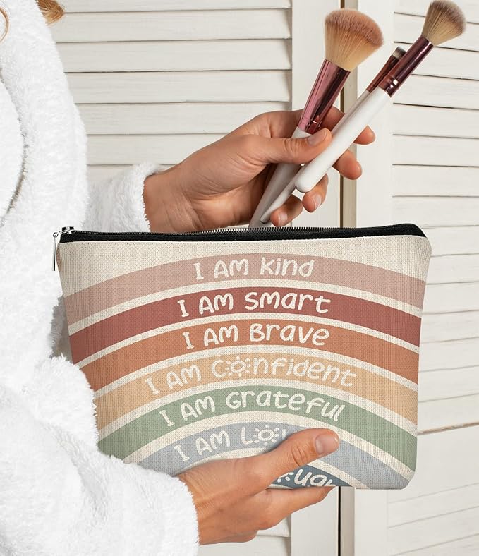 I Am Kind I Am Smart I Am Brave Inspirational Makeup Bag,Makeup Bags for Women, Rainbow Cosmetic Bag Gift for Women,Inspirational Gifts for Women Teacher Coworker