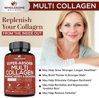 Super-Absorb Multi Collagen Pills (Type I II III V X) Organic Herbs and Bioperine - Hair, Skin, Nails, Joints - Hydrolyzed Collagen Peptides Protein Supplement for Women Men (90 Capsules)