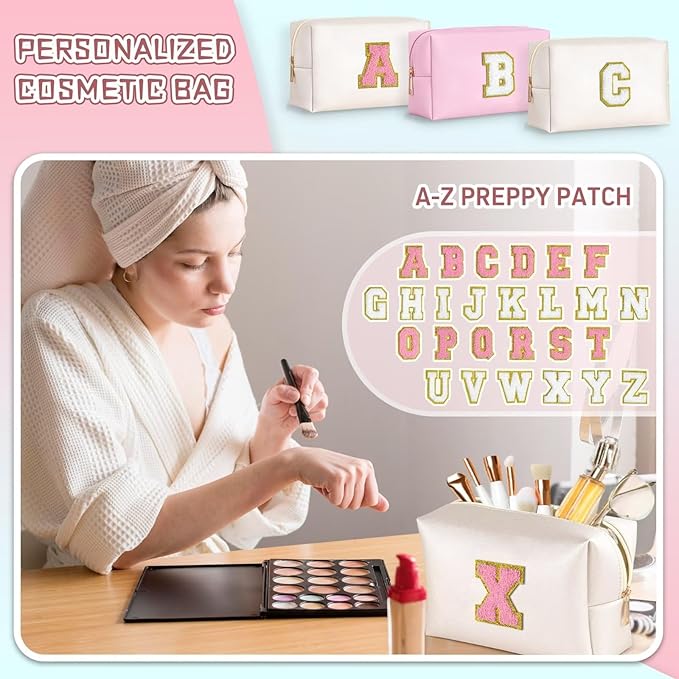 TOPEAST Preppy Makeup Bag, Small Cosmetic Travel Bags for Women, PU Leather Waterproof Toiletry Bag with Zipper, Personalized Birthday Gift for Women Girl, Preppy Gifts for Girl (Pearly White F)