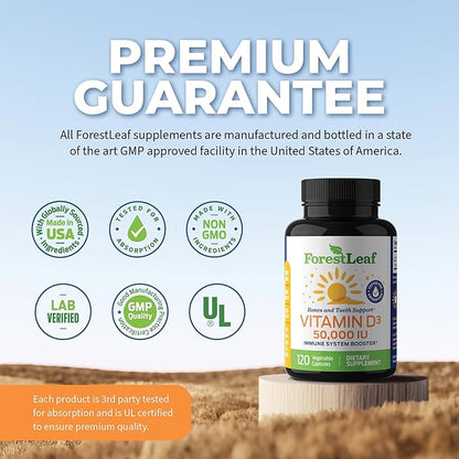 ForestLeaf - Vitamin D3 IU Weekly Supplement - Vitamin D Capsules for Bones, Teeth, and Immune Support - Easy Swallow Pure Vitamin D3 Caps (50,000 IU - 120 Count - 2 Pack)