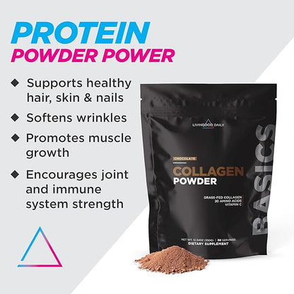 Livingood Daily Chocolate Collagen Powder - Hydrolyzed Collagen Peptides Powder Plus Vitamin C - Complete Protein with 20 Amino Acids - Type I & III, Grass-Fed, Keto, Paleo - 30 Servings, 12.3oz