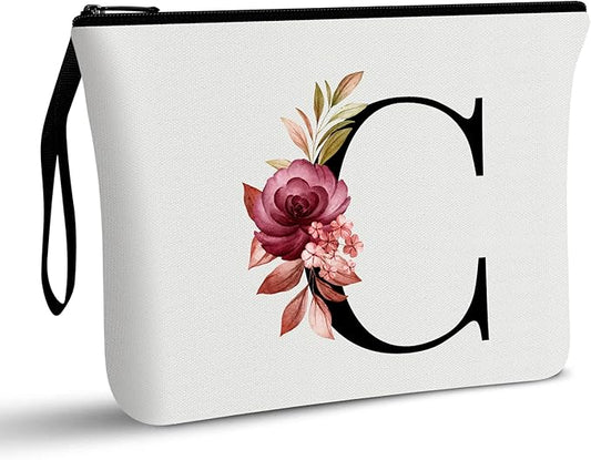 Vavabox A-Z Personalized Makeup Bag, Birthday Gifts for Women Mom, Gifts for Best Friend, Bride Bridesmaid Cosmetic bag (C, White)