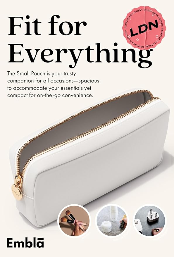 Embla Makeup Bag Travel Cosmetics Pouch and Toiletry Bag, Nylon Zipper Pouch Purse, Cute Make Up Organizer Storage Tote for Women Girls, Waterproof Travel Skincare Case, Small Makeup Bags, Blanc White