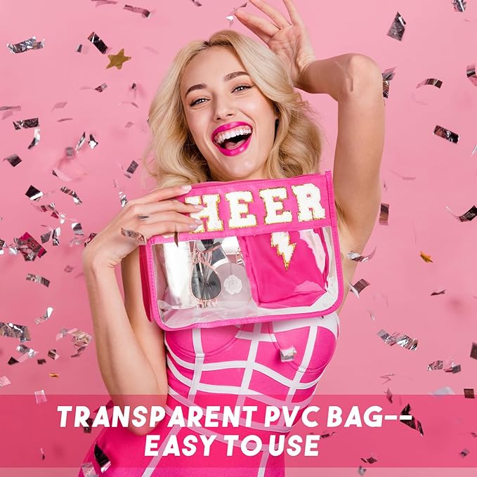 Hillban 2 Pcs Cheer Makeup Cosmetic Bag Cheerleader Team Gifts Clear Zipper Toiletry Pouch for Travel Chenille Letter Bag Pink Preppy Patch Purse PVC Waterproof Cheer Stuff Accessories for Women Girl