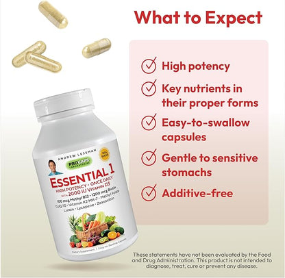 ANDREW LESSMAN Essential-1 Multivitamin 2000 IU Vitamin D3 360 Small Capsules – 100 mcg Methyl B12. CoQ10 Lutein Lycopene Zeaxanthin. High Potency. No Additives. Gentle Ultra-Mild. One Daily Capsule