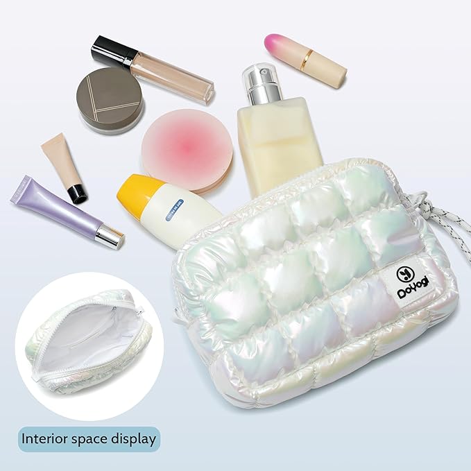 Quilted Cosmetic Bag, Puffer Makeup Bags, Crossbody Purses for women,Cute Travel Toiletry Bag for Women (Dazzling White)