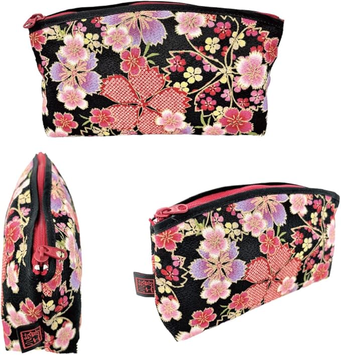 Terra Distribution Small Makeup Bag for Purse [ Made in Japan] Traditional Edo Komon Design Cute Cosmetic Pouch (Cherry Blossom (Black/Pink))