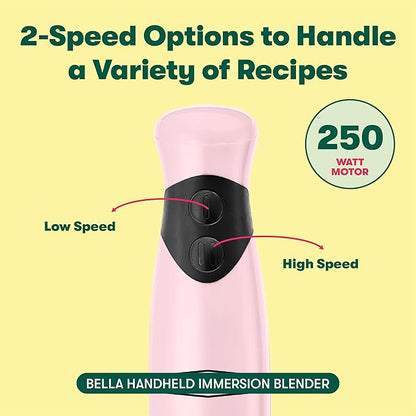BELLA Immersion Hand Blender, Portable Mixer with Whisk Attachment - Electric Handheld Juicer, Shakes, Baby Food and Smoothie Maker, Stainless Steel, Pink