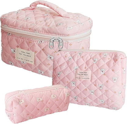 Quilted Makeup Bag, Large Capacity Travel Cosmetic Bag for Women and Girls, Aesthetic Storage for Daily and Travel Use (3pcs-RabbitAnimalPrint)