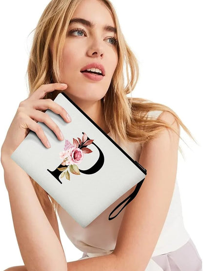 Vavabox A-Z Personalized Makeup Bag, Birthday Gifts for Women Mom, Gifts for Best Friend, Bride Bridesmaid Cosmetic bag (P, White)