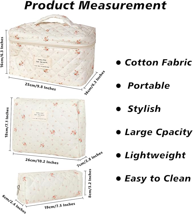 Quilted Cosmetic Bag Set, 3 PCS Cotton Floral Makeup Bags, Makeup Bag Set, Flower Travel Toiletry Organizer Bag, Coquette Makeup Pouch, Large Make Up Bag for Women (Small Flowers)