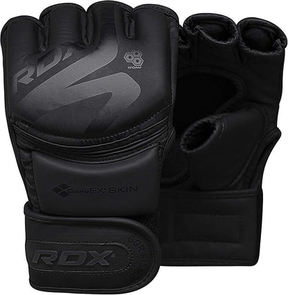 RDX MMA Gloves Noir, Maya Hide Leather, Ventilated Open D-Cut Palm, Padded Grappling Sparring Mitts, Cage Fighting Kickboxing Mixed Martial Arts Muay Thai Training, Punching Bag Pads Workout, Black
