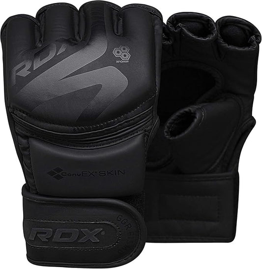 RDX MMA Gloves Noir, Maya Hide Leather, Ventilated Open D-Cut Palm, Padded Grappling Sparring Mitts, Cage Fighting Kickboxing Mixed Martial Arts Muay Thai Training, Punching Bag Pads Workout, Black