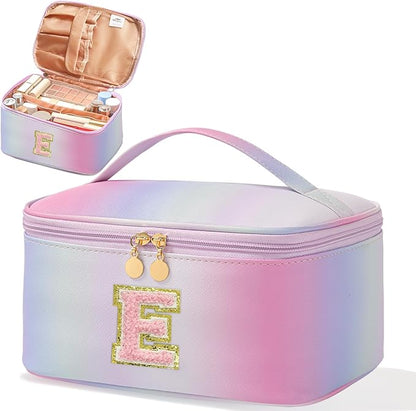 Meiyuuo Makeup Bag for Women Large Cosmetic Bags Travel Toiletry Bag Birthday Gifts for Girls Preppy Letter Pouch Teen Girl Gifts Trendy Stuff Rainbow Pink with Divider and Handle E