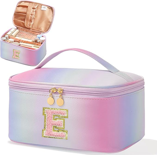 Meiyuuo Makeup Bag for Women Large Cosmetic Bags Travel Toiletry Bag Birthday Gifts for Girls Preppy Letter Pouch Teen Girl Gifts Trendy Stuff Rainbow Pink with Divider and Handle E