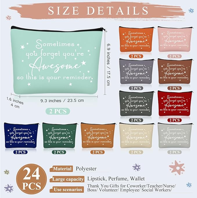 Sieral 24 Pcs Inspirational Makeup Bag Appreciation Nurse Gift for Women You're Awesome Cosmetic Bags Employee Motivational Gifts for Coworkers Teacher Mom Assistant Nurse (Classic Color)