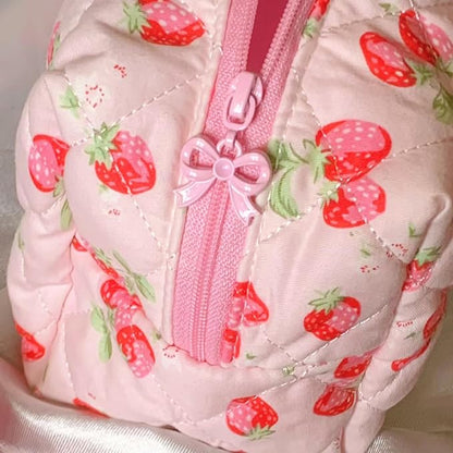 Cotton Quilted Makeup Bag, Cute Aesthetic Strawberry Pencil Case Pouch Toiletry Bag Cosmetic Bag Brush Organize for Girls Women,Strawberry me Up