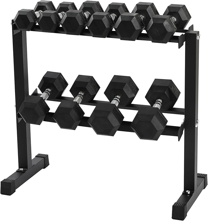 HolaHatha 10, 15, 20, 25, and 35 Pound Rubber Encased Hexagon Non Slip Dumbbell Weight Set with Rack for Various Strength Training Workouts, Black