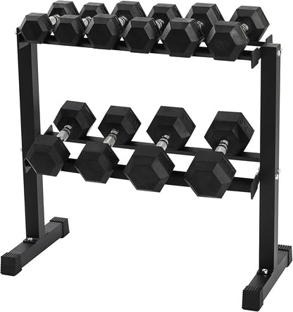 HolaHatha 10, 15, 20, 25, and 35 Pound Rubber Encased Hexagon Non Slip Dumbbell Weight Set with Rack for Various Strength Training Workouts, Black