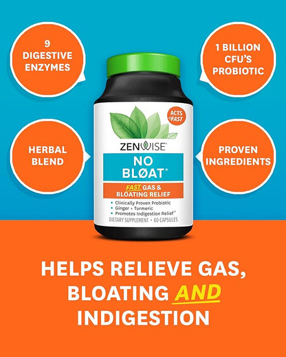 Zenwise Health NO Bloat Probiotics for Women and Men Digestive Health with Ginger, Dandelion, and Lactase, Digestive Enzymes for Gas and Bloating Relief - Vegan Water Retention Pills - 60 CT