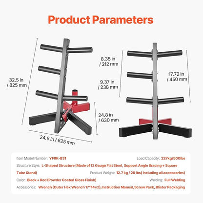 VEVOR Weight Plate Rack, L Frame Weight Plate Tree for 2-Inch Weight Plates, Standard Weight Plate Tree, 500 lbs Load Capacity Weight Storage Holder, Home Gym Barbell Rack Storage Stand, Black & Red
