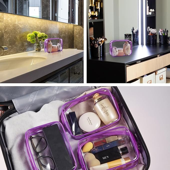 Clear Plastic Violet Zippered Toiletry Carry Pouch TSA Approved Toiletry Bag Portable Cosmetic Makeup Bag for Vacation, Bathroom and Organizing (Violet 3Pcs, Small)