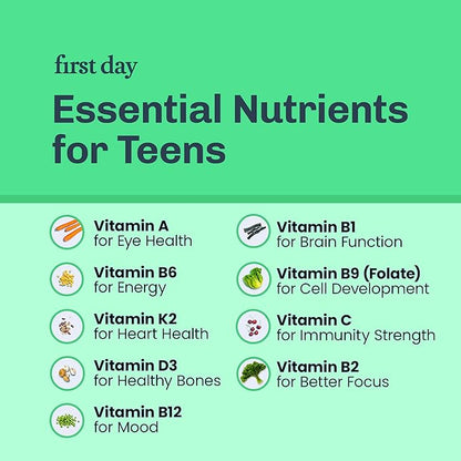 FIRST DAY Teens Daily Kickstart Multivitamin Gummies for Ages 14+ – Vitamins A, B1, B2, B6, E, B12, C, D3 & K2 + Zinc & Folate – Made w/Organic Fruits & Veggies, Only 2g Sugar – 2-Pk, 60 Day Supply