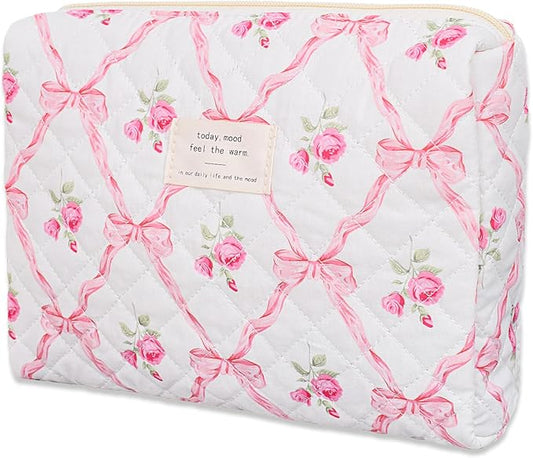 Quilted Makeup Bag,Medium Travel Floral Cosmetic Bag Cute Pouch,Cotton Makeup Brushes Storage Bag for Women