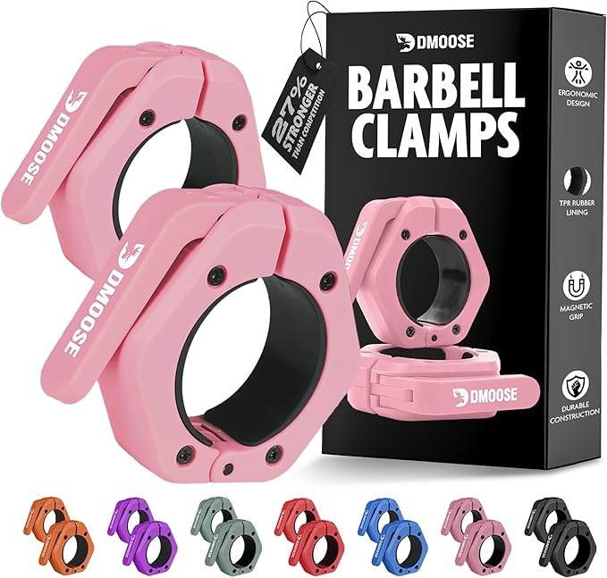 DMoose Fitness Barbell Clips 2" (Pair) - Quick Release Olympic Barbell Clamps & Collars with Anti Slip TPR Lining for Secure Weightlifting & Powerlifting - Weight Clips for Bars at Home or Gym