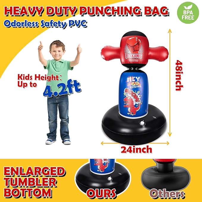 Punching Bag for Kids, Hyperzoo 360°Rotating Inflatable Kids Heavy Punching Bags, Freestanding Heavy Boxing Bag Toy Christmas Birthday Gift for Boys Girls 3-12 Karate, Taekwondo