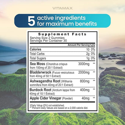 Irish Sea Moss Gummies, Sea Moss 3000mg, Bladderwrack 2000mg, Ashwagandha 800mg, Burdock Root 400mg, ACV, Non-GMO and Vegan – Made in USA – 60ct