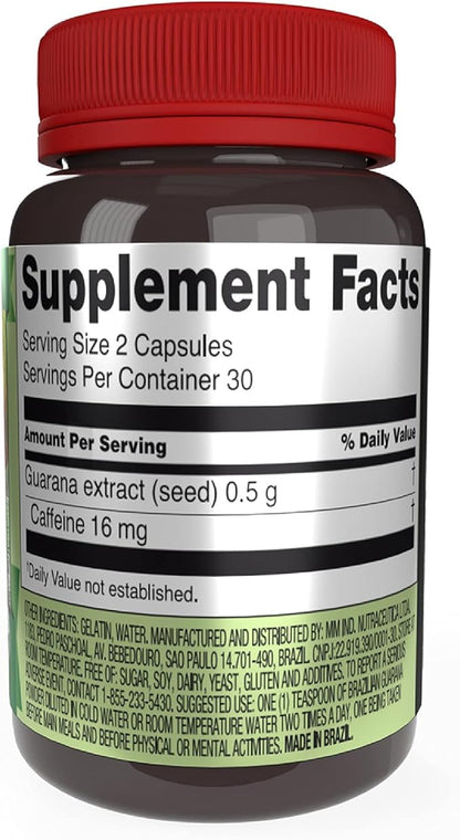 Beelife Brazilian Guarana Capsules - Natural Caffeine Supplements from Brazil - Energy & Mental Focus, Muscle Strength Support - Zero Gluten, No Sugar Pre Workout for Men & Women - 250mg 60 Caps