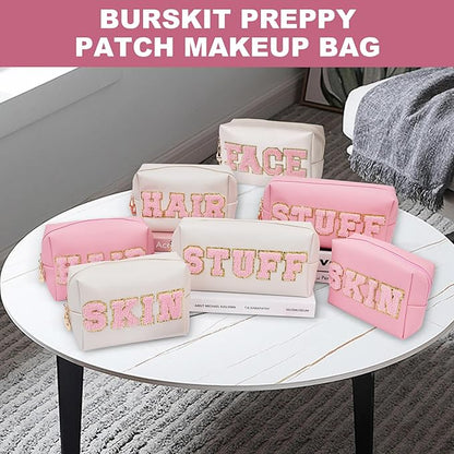 Face Bag Preppy Travel Makeup Bag Organizer Patch Large Varsity Stoney Clover Chenille Letter Cosmetic Toiletry Nylon Cute Preppy Bags PU Leather Waterproof Portable Pouch Storage Purse
