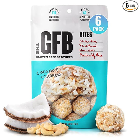 The Gluten Free Brothers Coconut Cashew Bites - Gluten Free Protein Balls – Non GMO, Soy Free, Vegan – Snack Size Plant Based Protein Energy Balls, 4 oz (6 Count)