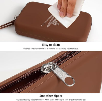 Silicone Small Makeup Bag Pouch for Purse, Travel Toiletry Bag Cute Portable Cosmetic Bag Waterproof Makeup Storage Bag Mini Zipper Clutch Makeup Organizer for Makeup, Beauty Tools (Small Brown)