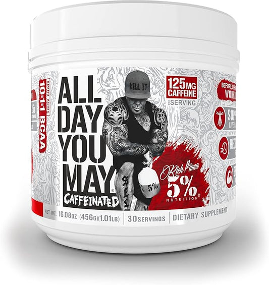 5% Nutrition Rich Piana AllDayYouMay Caffeinated BCAA Energy Powder | Premium Pre Workout Amino Energy & Electrolytes | Hydration, Endurance & Recovery | 16.08 oz, 25 Servings (Fruit Punch)