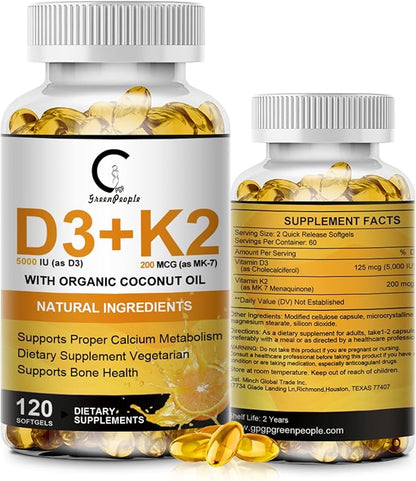 Vitamin D3 K2 Supplement with Vitamin D3 5000 IU, 200 mcg Vitamin K2 MK-7 & Natural Coconut Oil, Plant Based 2-1 Formula for Bone, Teeth, Muscle and Immune Health Support,120 Softgel Capsules