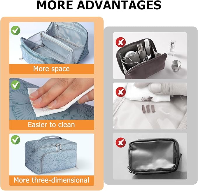 Travel Makeup Bag, Large Capacity Cosmetic Bags for Women, Waterproof Lining and PU Leather Portable Pouch, Open Flat Toiletry Bag, Make up Organizer with Divider & Handle (Light Blue)