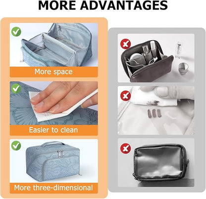Travel Makeup Bag, Large Capacity Cosmetic Bags for Women, Waterproof Lining and PU Leather Portable Pouch, Open Flat Toiletry Bag, Make up Organizer with Divider & Handle (Light Blue)