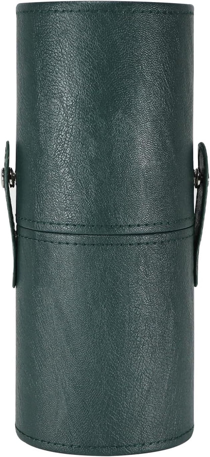 Portable Makeup Brush Case,Pu Leather Makeup Brush Holder with Button,Travel Cup Storage Dustproof Makeup Cosmetic Bags for Women (Dark green)