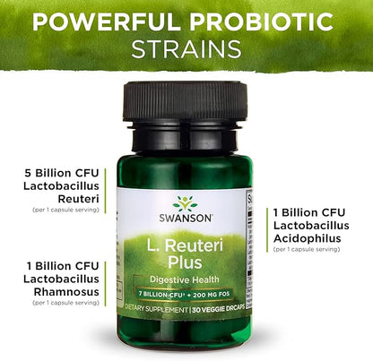 Swanson L. Reuteri Probiotic Plus w/L. Rhamnosus L. Acidophilus & FOS Prebiotic Digestive Support - Promotes Gut Health w/ 7 Billion CFU per Capsule - (30 Veggie Capsules) 3 Pack