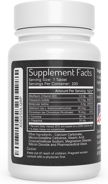 Zen Haus Iodine Supplement 12.5 mg with Selenium (as Selenomethionine) and More - 200 Tablets - Thyroid Plus Immune Support - High Potency Iodine Tablets - Compare to Lugol's Iodine Pills