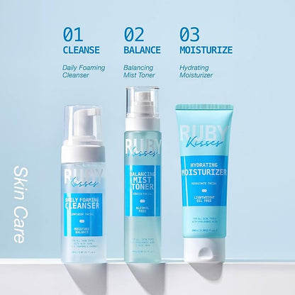 Ruby Kisses Complete Hydration Skincare Set, Face & Body Essentials, Includes Daily Foaming Cleanser, Balancing Mist Toner, Daily Body Lotion, Gentle Body Scrub, Korean Skincare