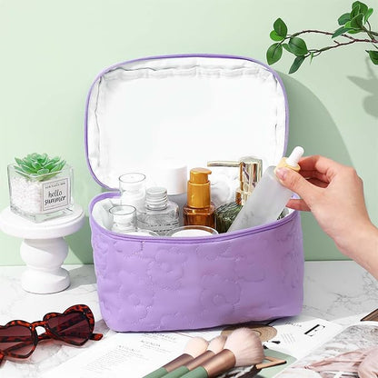 Paterr 3 Pieces Cotton Quilted Makeup Bag Set Coquette Cosmetic Bag Aesthetic Travel Toiletry pouch Cute Pouch Kawaii Aesthetic for Women(Purple,Purple Flower)