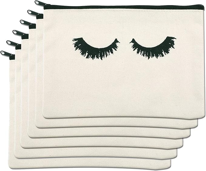 PHOGARY 6PCS Canvas Makeup Pouch, Cosmetic Bag Bulk Travel Make Up Pouch Toiletry Case with Zippered Pocket for Women (Eyelash Pattern) Cream